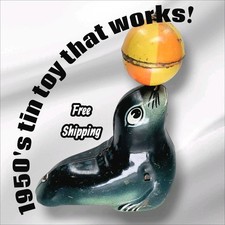 Vintage Lehmann AHA 910 Tin Litho Friction Sea Lion Toy 1950's
