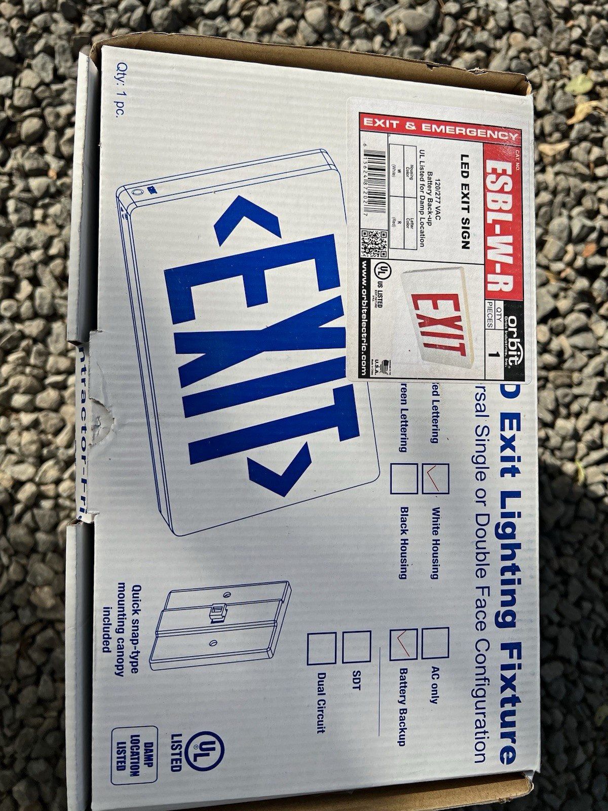 Orbit ESBL-W-R LED Exit & Emergency Sign, White Housing, Battery Backup, Wall