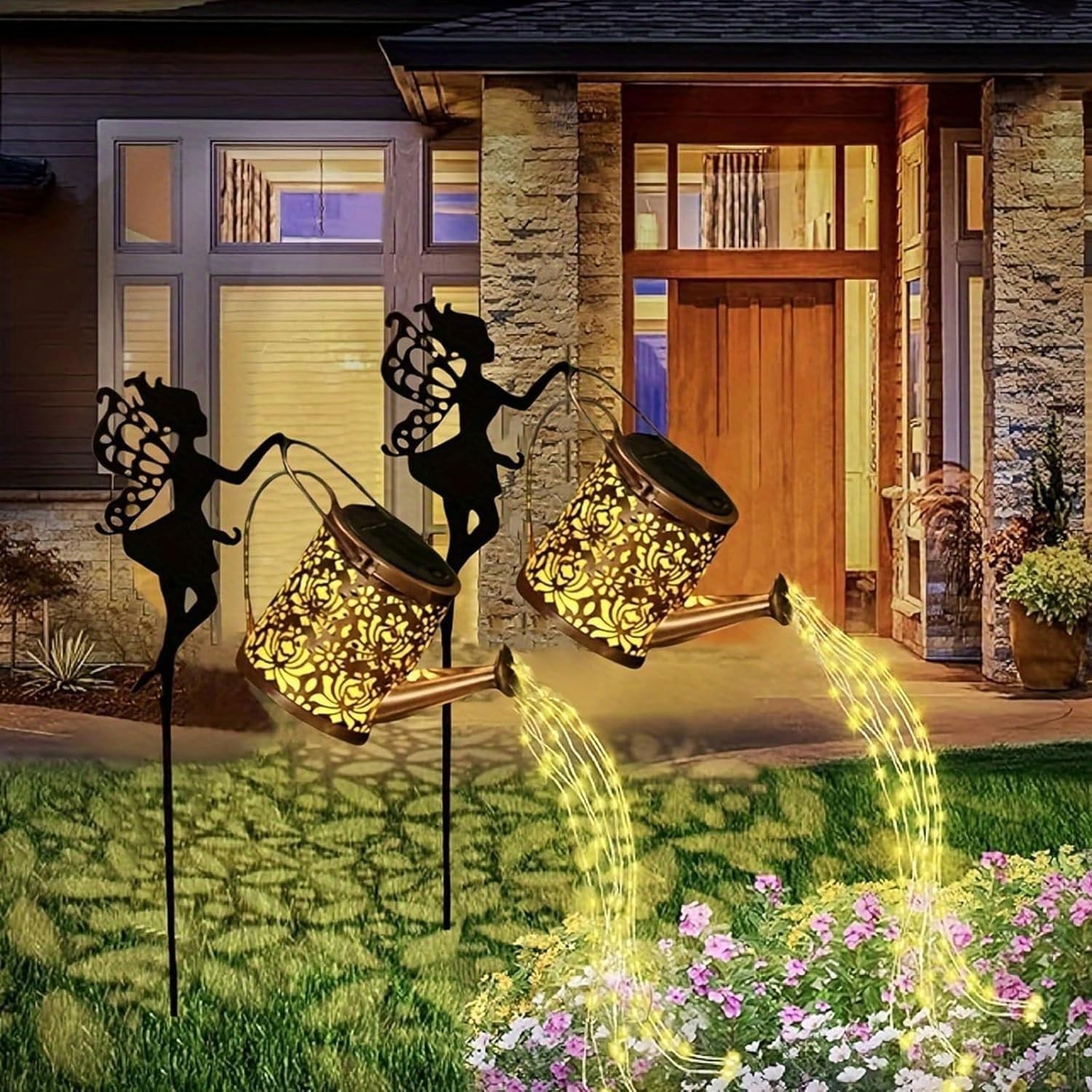 Fairy Garden Decor Solar Watering Can, Waterproof Hanging LED Garden Lights for