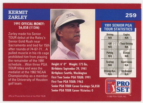 1992 Pro Set Golf PGA Tour Card - #259 Kermit Zarley - Picture 2 of 2