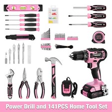 WORKPRO USA 20V Pink Cordless Drill Driver Kit 141PC Hand Tool Kit Home Tool Set - Image 4