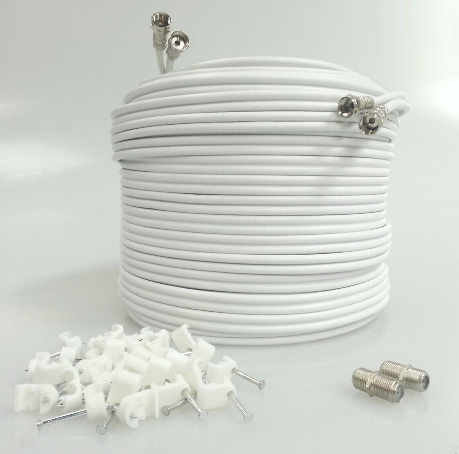 30M White Twin Shotgun Satellite Coax Cable TV Extension For Sky HD Q / Freesat