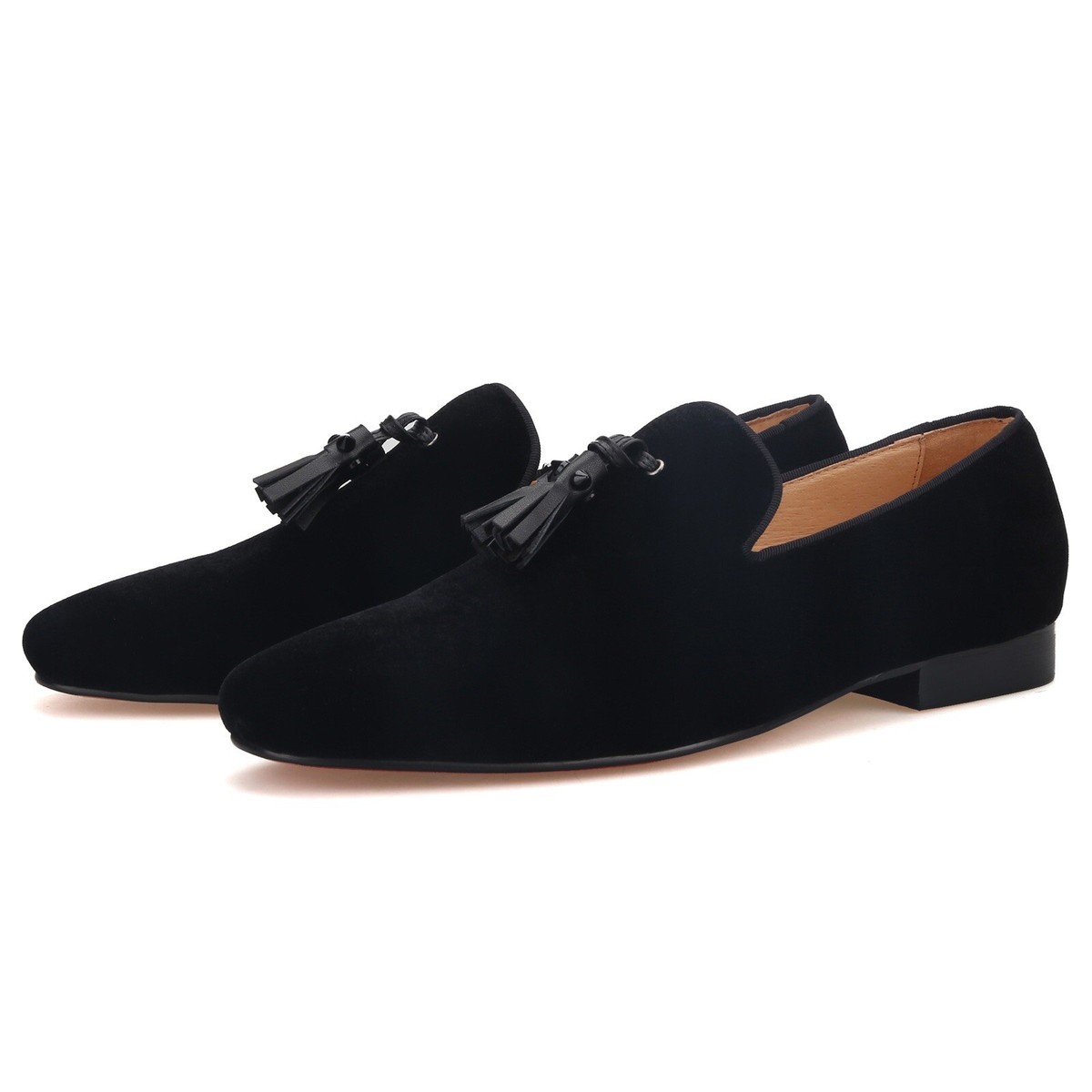 FERUCCI Men Plain Black Velvet with Spiked Tassel Slippers 