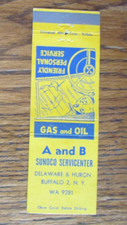 A & B SUNOCO GAS STATION MATCHBOOK COVER: BUFFALO, NEW YORK 1950s MATCHCOVER B23