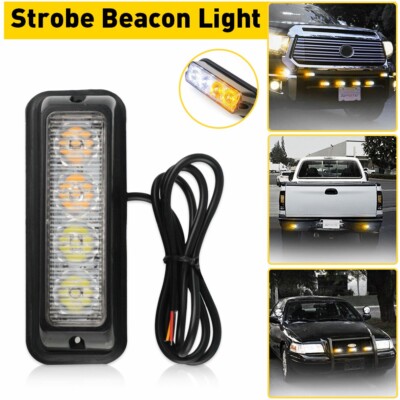 4 LED White & Amber Emergency Hazard Warn Grille Flash Strobe Light Universal