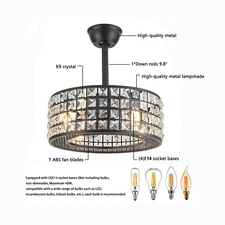 18" Industrial Black Crystal Fan Chandelier & Remote and Light Ceiling Mounted!