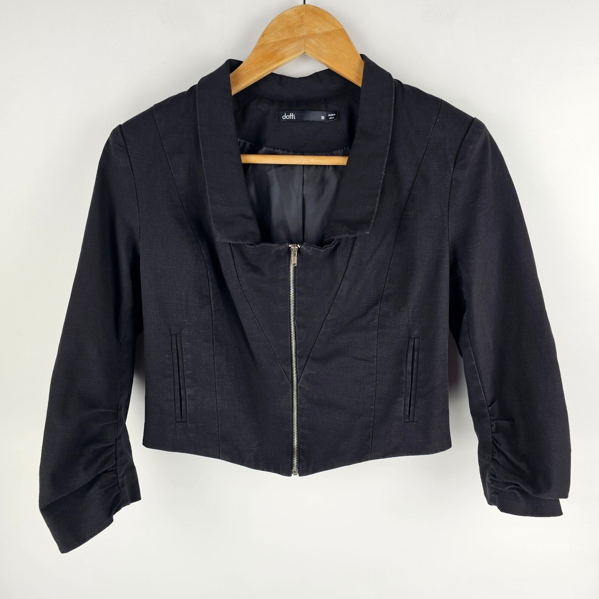 Dotti Jacket Womens Size 10 Cropped Black Ruched 3/4 Sleeve Zip Up