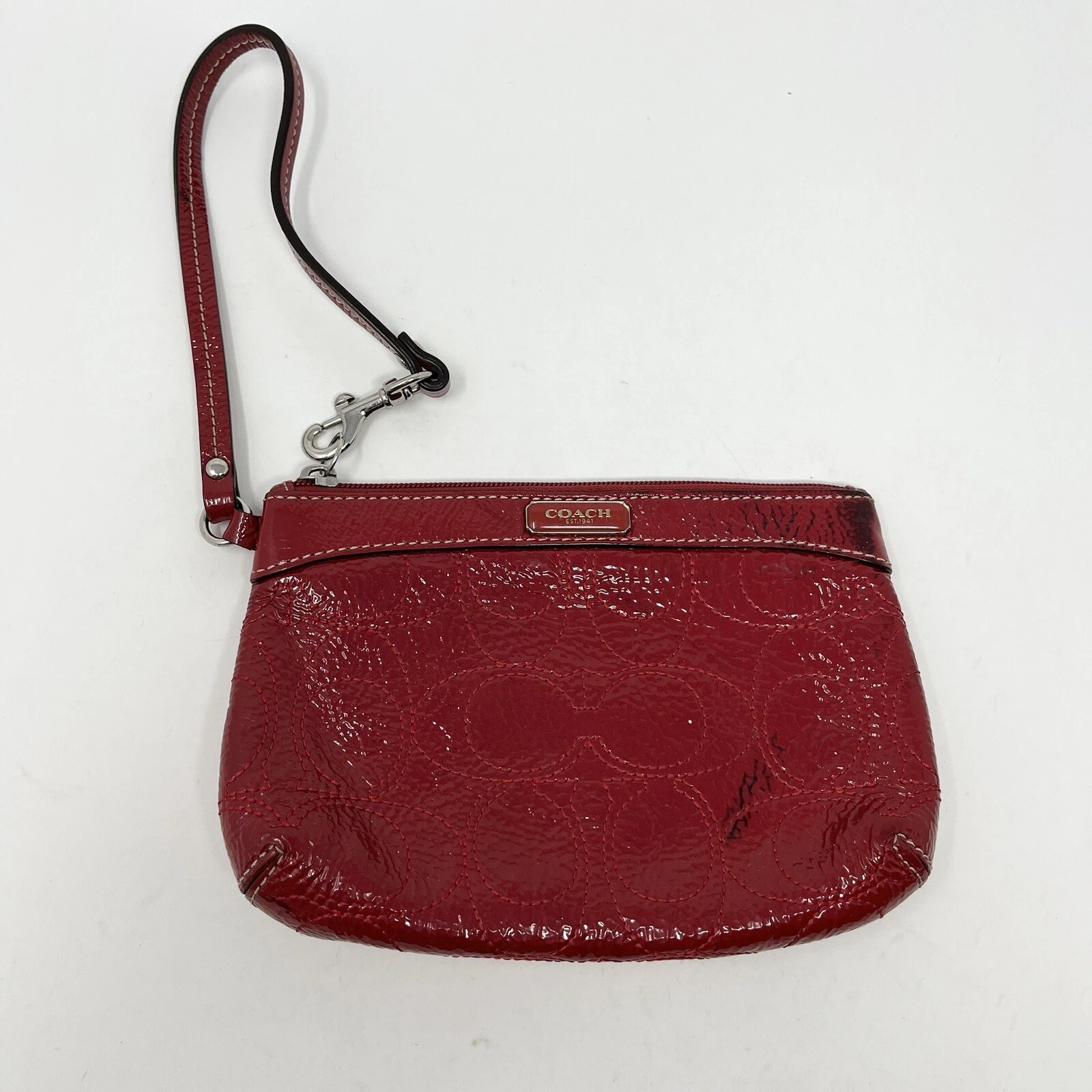 Polso piccolo Coach in pelle verniciata rossa firmato cucito ricamato