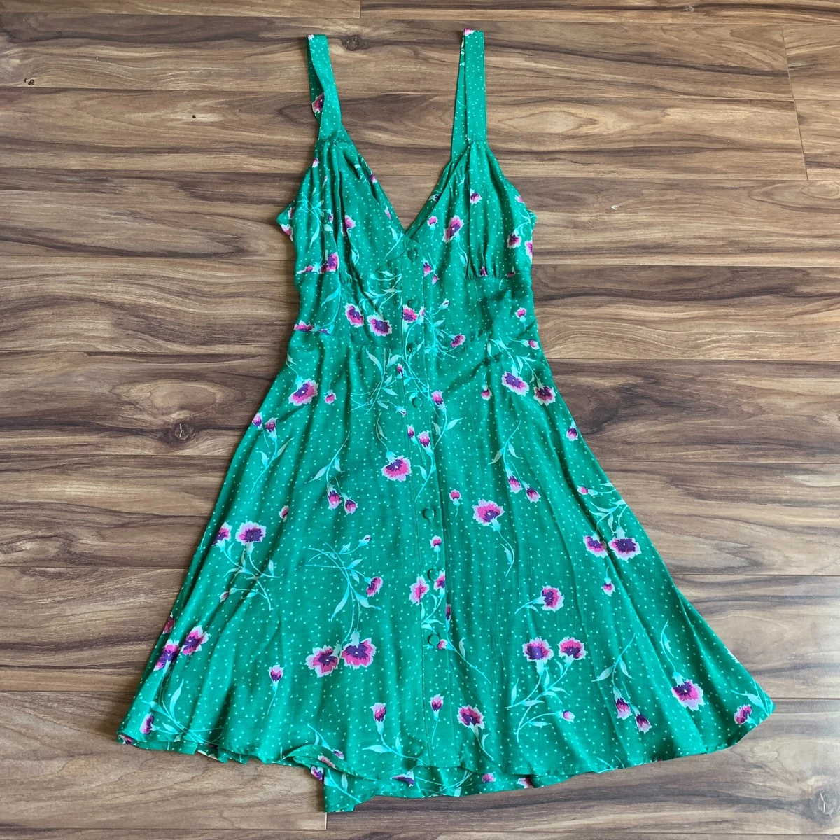 Free People Dress Small Green Slip On My Mind Button Down Floral