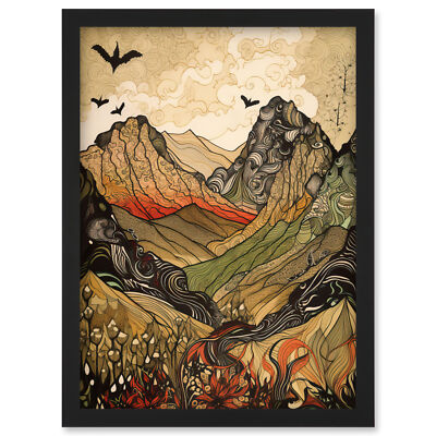 Mountain Landscape Multicoloured Pattern Linocut Framed Art Picture Print A4