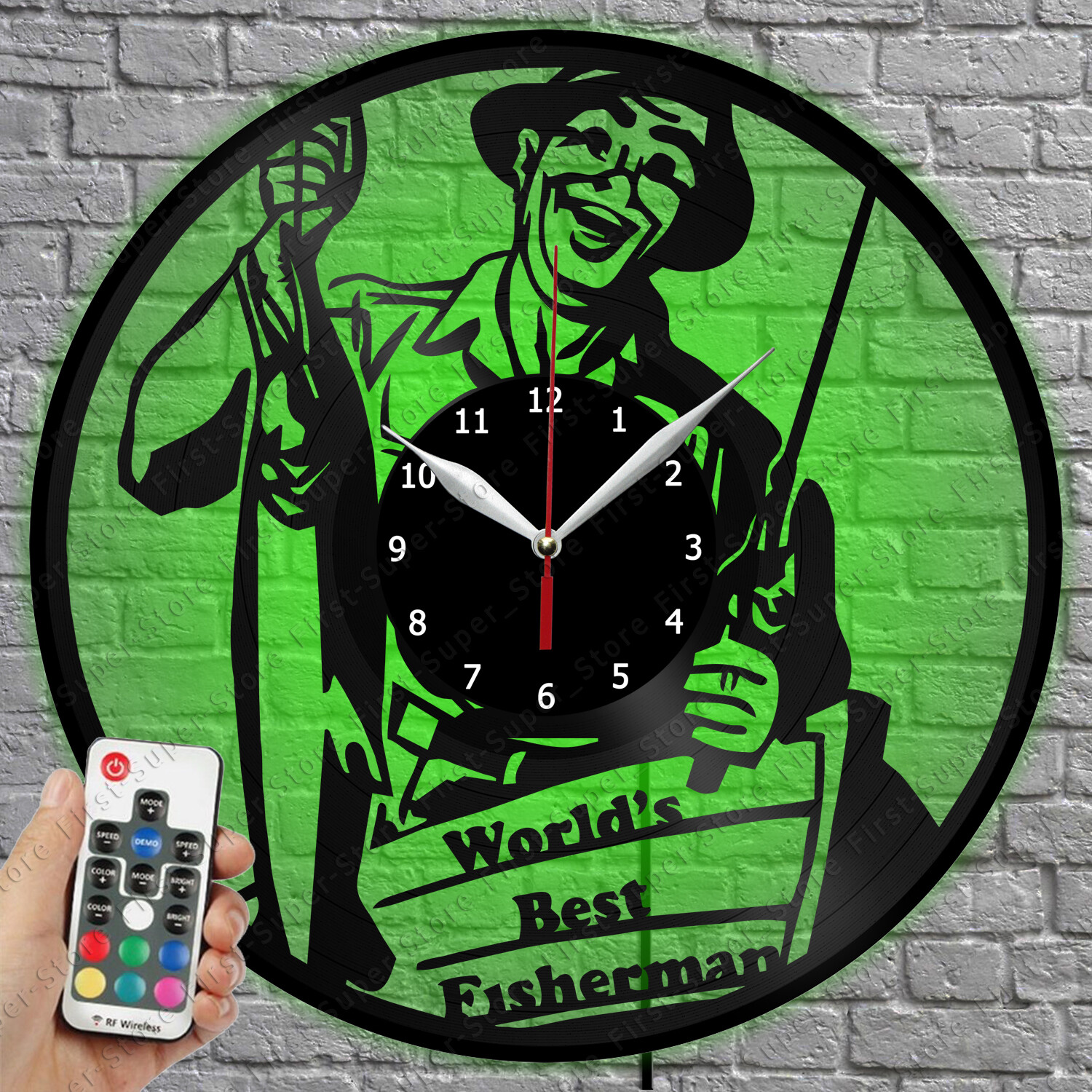 Vinyl Record LED Wall Clock with Fisherman Design and Light