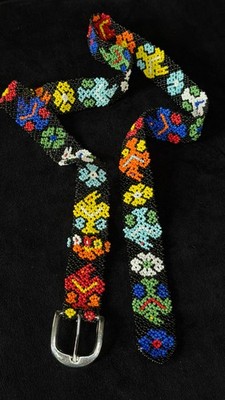 Vintage 1970s colorful beaded belt thunderbird floral birds black red novelty