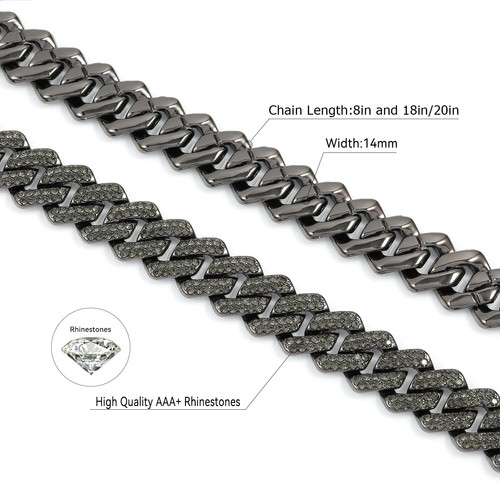 JUNVirtuous Iced Out Chaîne et Bracelet à Maillons Cubains - Homme Hip Hop - Noir 8" & 18 - Photo 6/7