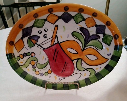 Seltene Vicki Carroll bemalte ovale Platte 12"x9" Karneval bunt SIGNIERT