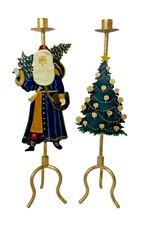 Vintage Santa/Christmas Tree Old World Metal Candle Holders 19" Tall