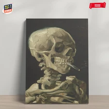 Van Gogh Skeleton with a Cigarette Painting Canvas Print Poster Home Decor