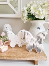 Pretty White Ceramic Butterfly With Black Polka Dots & Stripes Set Of 2