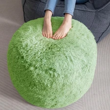 Round Stuffed Pouf Ottoman, Long Faux Fur Poufs with Foam Chunk Filling, Fluf...