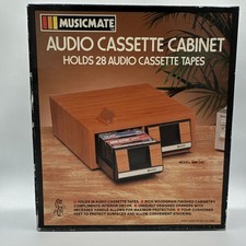 Musicmate MM-310 Audio Cassette Cabinet Holds 28 Tapes Woodgrain Brown Black