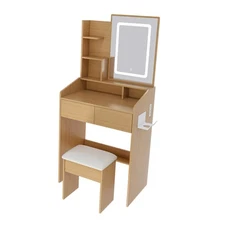 Compact Makeup Vanities Wood Vanity Table LED Mirror Dressing Desk with Power