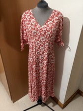 Finery Women’s Red Oak Leaf Print Dress Tea Style Midi Length Uk14 Tie Sleeves