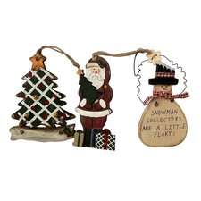 Rustic Wood Christmas Ornaments Snowman Santa and Tree Set Of 3 Primitive Decor