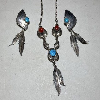 Women's Sterling Silver Feather Necklace & Earrings turquoise and coral