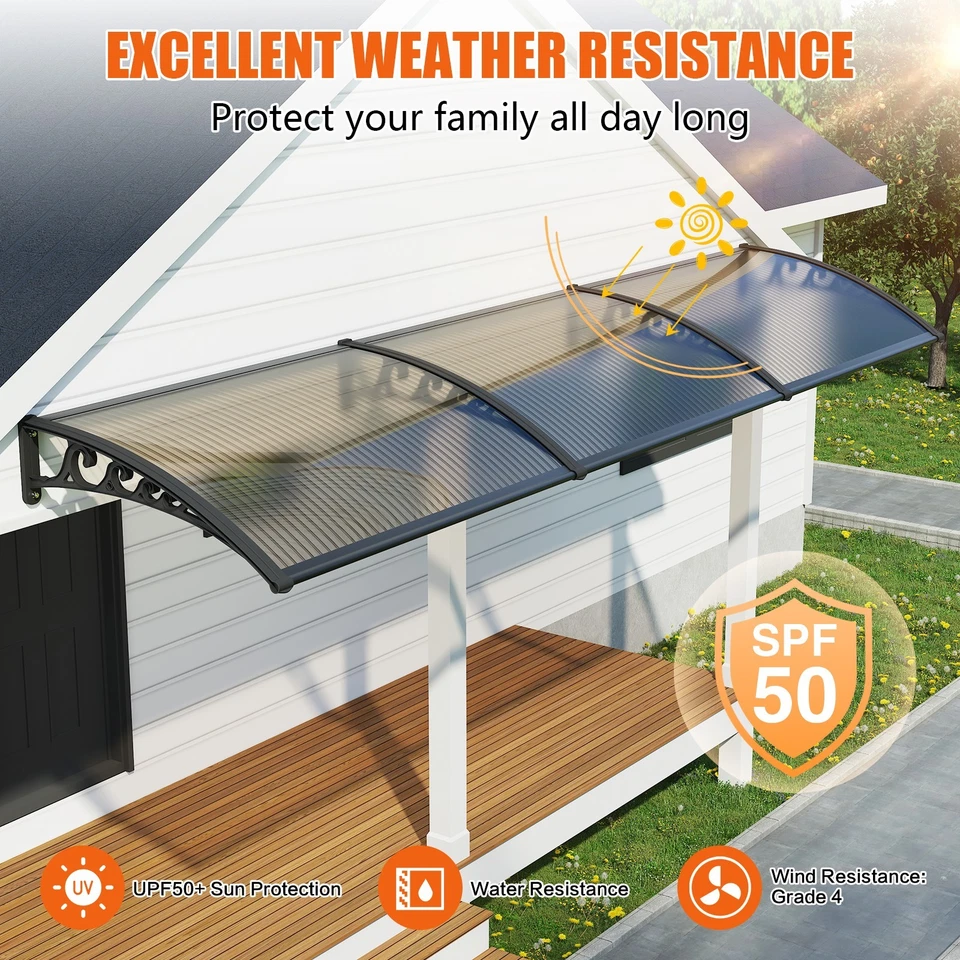 30-160" Window Awning Front Door Eaves Canopy Polycarbonate Roof Sun Shade Cover - Image 2 of 4