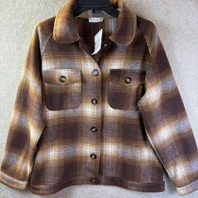 Paper Crane Shacket Womens Small Brown Plaid Autumn Button Front Cozy Jacket NEW