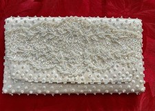 Vintage Ivory Beaded Sequin Clutch Evening Bag Purse Made In Hong Kong