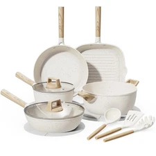 Cream White 14pc Non Stick, Ceramic Cookware Set with Utensils - Induction Ready
