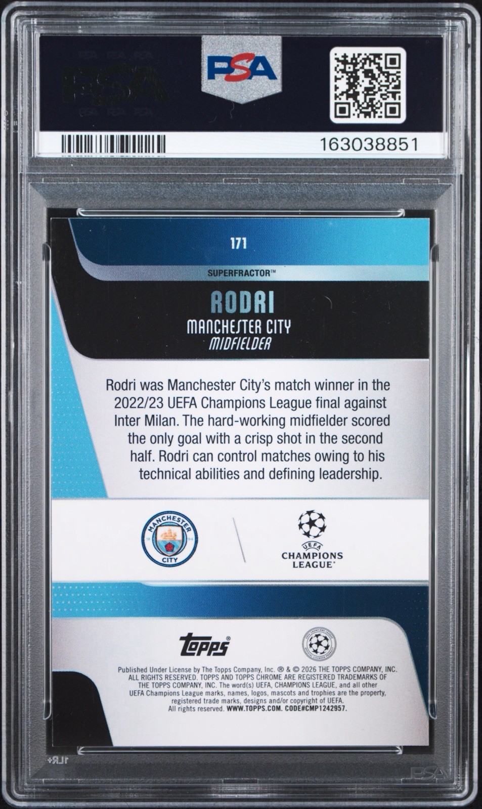 Rodri 2025 Topps Chrome SUPERFRACTOR 1/1 PSA 9 MINT 171 Man City Spain 1 OF 1 view 2