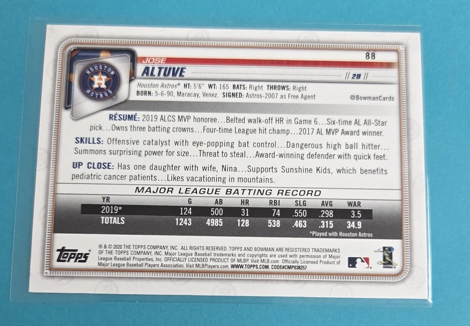 2020 Bowman #88 Jose Altuve Houston Astros BASEBALL Card 7E - Image 2 of 2