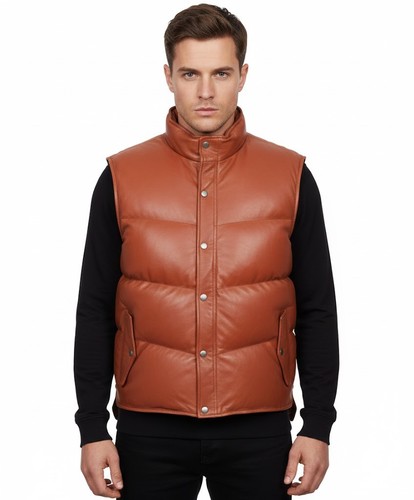 Men’s Genuine Lambskin Soft Leather Bubble Puffer Vest Black & Tan Vest