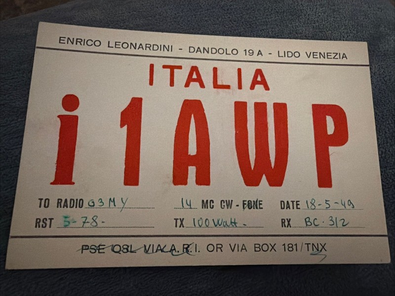 QSL Italy i1AWP Lido 1949 Post WWII BC 312 100 Watt