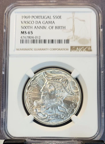 1969 PORTUGAL SILVER 50 ESCUDOS VASCO DA GAMA 500TH ANNIVERSARY NGC MS 65 GEM