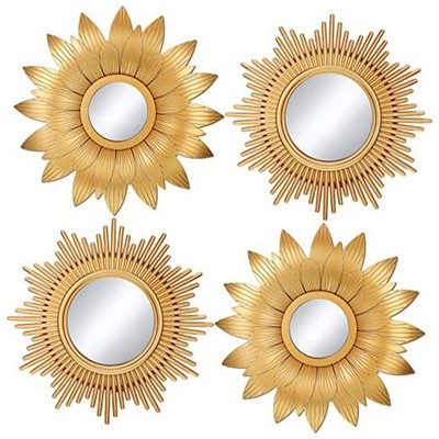 4 Pieces Big Sunburst Wall Mirror Gold Vintage Mirror Set for Home Decor Metal 