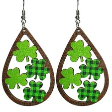 St. Patrick's Day Irish Shamrock Hat Shape Wooden Dangle Earrings Dainty Gree...