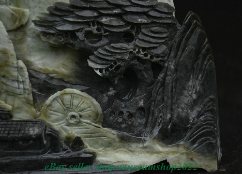 8.8" Chinese Natural Dushan Jade Carved Mountain Tree House Waterwheel Statue - Picture 10 of 11