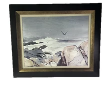 Artist Bernard Gerstner Print Framed Cape Ann? Gloucester MA Rocky Coast Grays