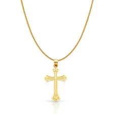14K Yellow Gold Cross Charm Pendant with 1.1mm Wheat Chain Necklace
