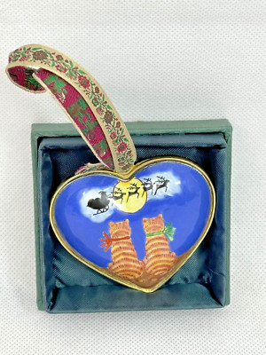 NWT Kelvin Chen Cat CATS ENAMEL BRASS HEART Ornament Santa's Sleigh Over Moon