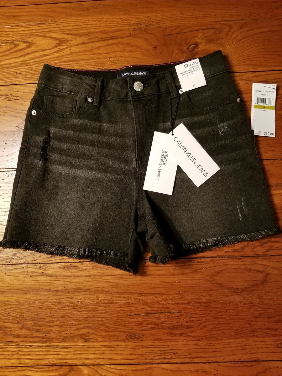 NWT Girls Calvin Klein Mid Rise Distressed Black Stretch Denim Jean Shorts  14