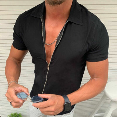 Full Zip Collar T Shirt Men's Black Short Sleeve Casual Zipper Tee T