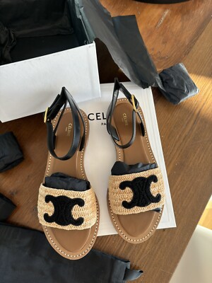 CELINE LYMPIA SANDALEN Bast / Schwarzes Leder