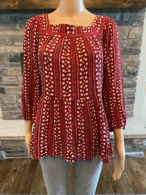 Blue Rain Women's Burgundy Square Neck Floral Pattern Peplum Blouse Size M - 019