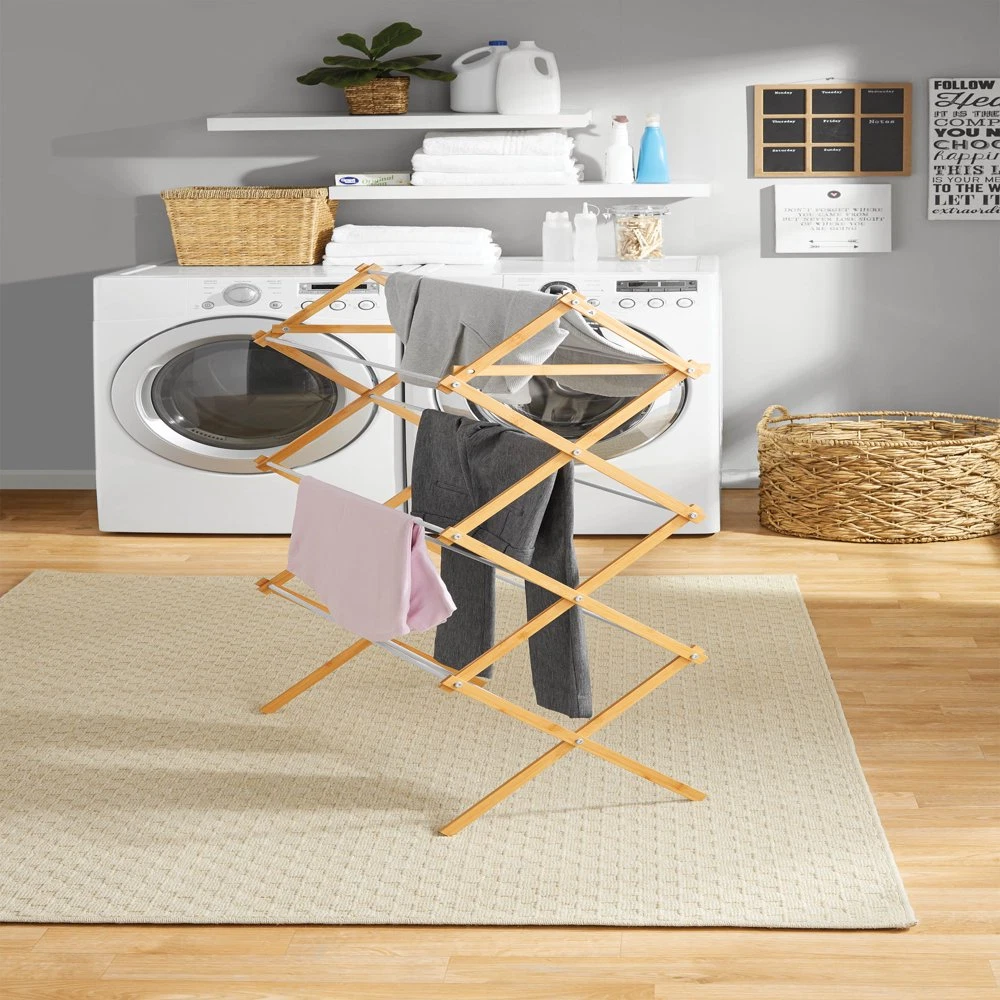 Collapsible Bamboo Laundry Drying Rack Space-Saving Lightweight 7 Levels  Drying