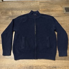 LL BEAN MENS CARDIGAN SIZE M FULL ZIP 100 COTTON BLUE POCKETED SWEATER HEAVY