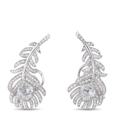 BOUCHERON Plume de Paon 18K White Gold 1.10ct Diamond Earrings