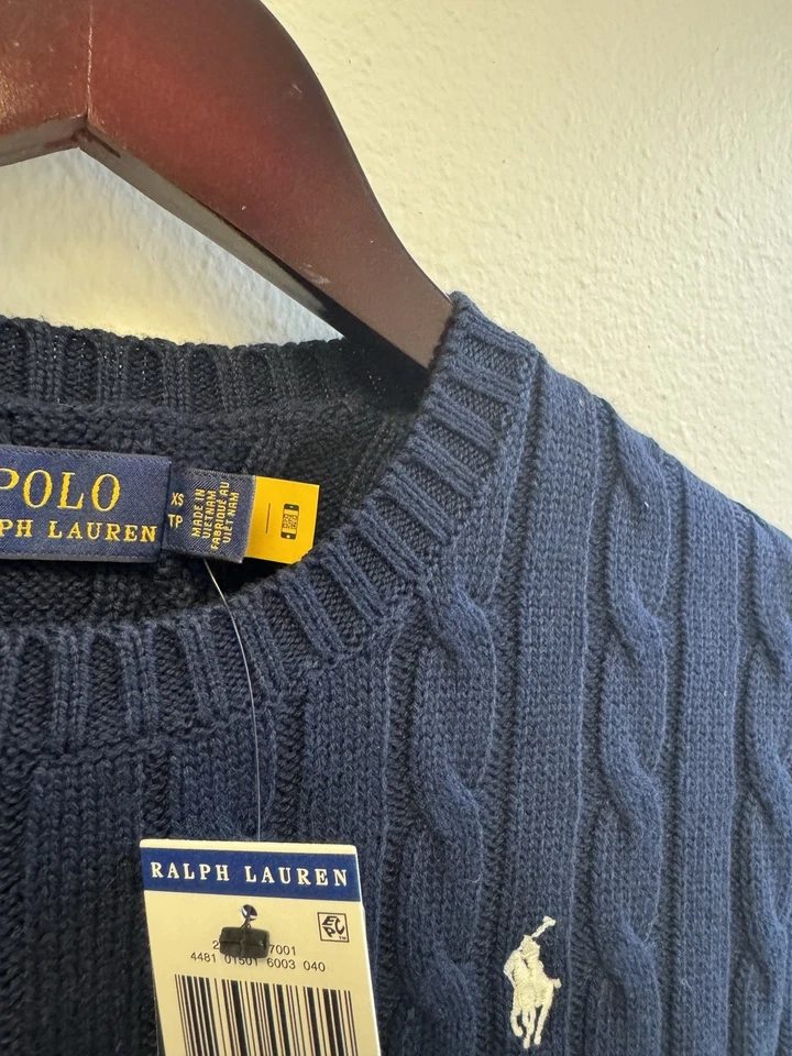 Suéter tejido con cable de algodón Ralph Lauren talla XS/polo para mujer nuevo con etiquetas AZUL MARINO Foto 2 de 4